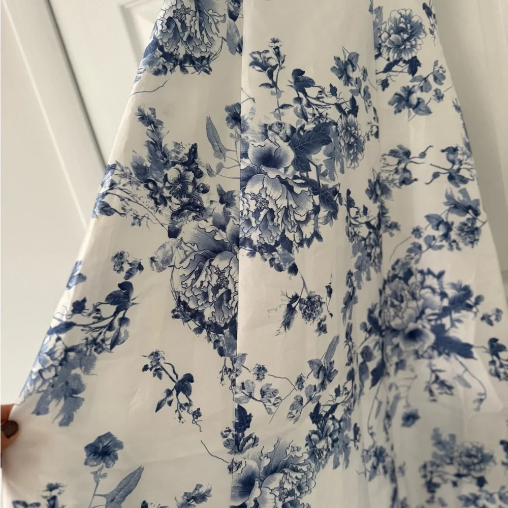 ALFRED SUNG Blue Floral Lace Up A-Line Gown - Picture 8 of 16